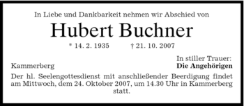 Traueranzeige von Hubert Buchner von MERKUR & TZ