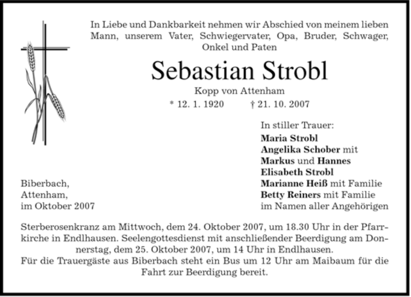  Traueranzeige für Sebastian Strobl vom 23.10.2007 aus HOLZKIRCHENER MERKUR
