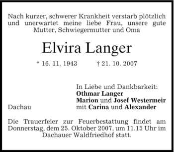 Traueranzeige von Elvira Langer von HOLZKIRCHENER MERKUR