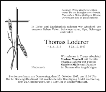 Traueranzeige von Thomas Loderer von HOLZKIRCHENER MERKUR