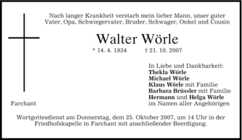 Traueranzeige von Walter Wörle von MERKUR & TZ