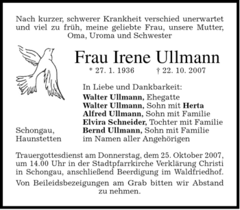 Traueranzeige von Irene Ullmann von MERKUR & TZ