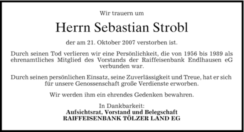  Traueranzeige für Sebastian Strobl vom 25.10.2007 aus MERKUR & TZ