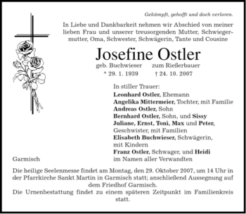 Traueranzeige von Josefine Ostler von MERKUR & TZ