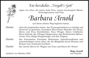 Traueranzeige von Barbara Arnold von MERKUR & TZ