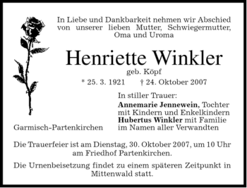 Traueranzeige von Henriette Winkler von MERKUR & TZ
