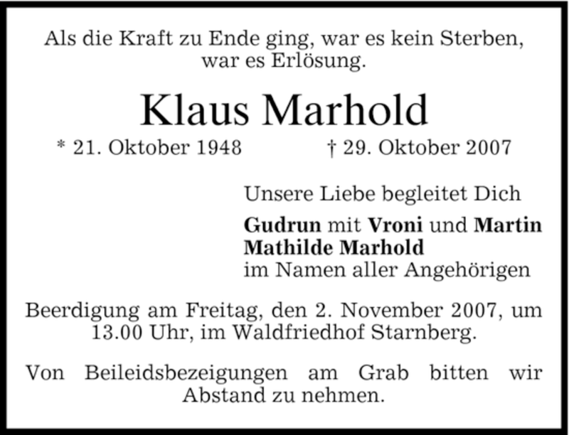  Traueranzeige für Klaus Marhold vom 30.10.2007 aus MERKUR & TZ