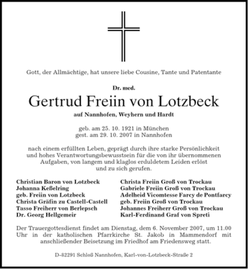  Traueranzeige für Gertrud Freiin von Lotzbeck vom 31.10.2007 aus EBERSBERGER ZEITUNG