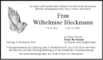 Traueranzeige von Wilhelmine Bleckmann von MERKUR & TZ