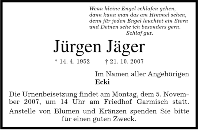  Traueranzeige für Jürgen Jäger vom 03.11.2007 aus MERKUR & TZ