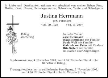 Traueranzeige von Justina Herrmann von MERKUR & TZ