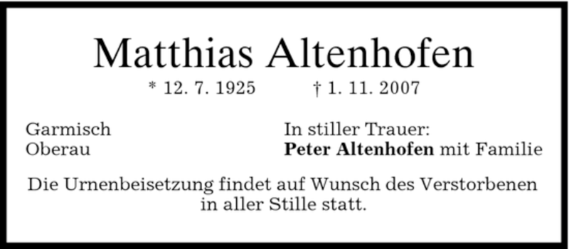  Traueranzeige für Matthias Altenhofen vom 03.11.2007 aus MERKUR & TZ