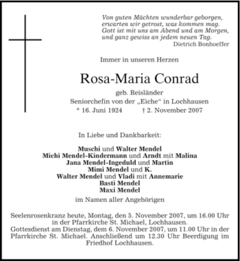 Traueranzeige von Rosa-Maria Conrad von DORFENER NACHRICHTEN