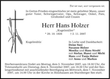 Traueranzeige von Hans Holzer von MERKUR & TZ