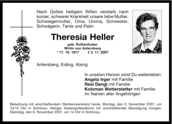 Traueranzeige von Theresia Heller von MERKUR & TZ