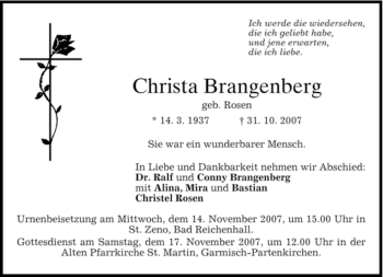 Traueranzeige von Christa Brangenberg von MERKUR & TZ