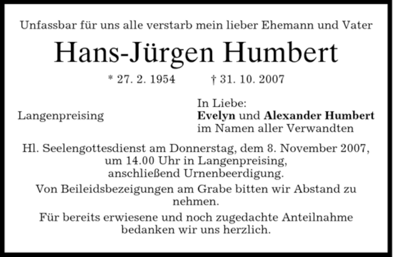  Traueranzeige für Hans-Jürgen Humbert vom 06.11.2007 aus MERKUR & TZ