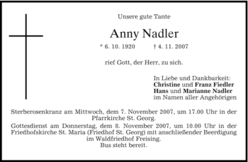 Traueranzeige von Anny Nadler von MERKUR & TZ