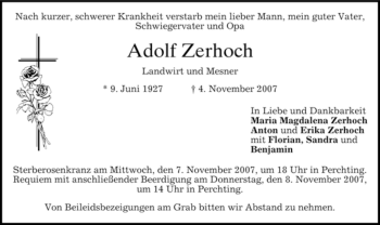 Traueranzeige von Adolf Zerhoch von MERKUR & TZ