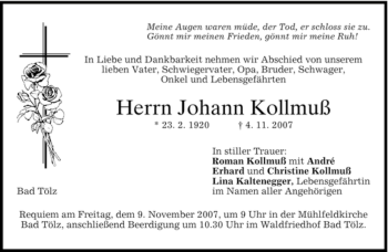 Traueranzeige von Johann Kollmuß von MERKUR & TZ