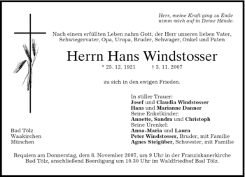 Traueranzeige von Hans Windstosser von MERKUR & TZ