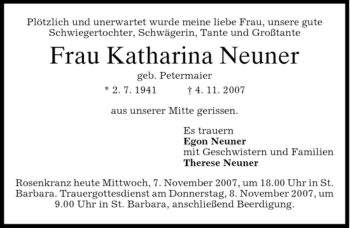 Traueranzeige von Katharina Neuner von MERKUR & TZ