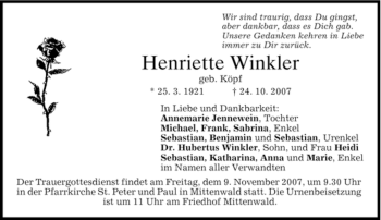 Traueranzeige von Henriette Winkler von MERKUR & TZ
