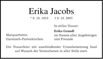 Traueranzeige von Erika Jacobs von MERKUR & TZ