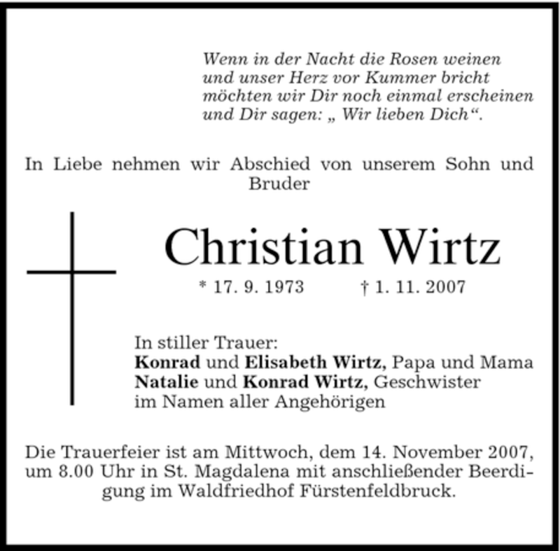  Traueranzeige für Christian Wirtz vom 10.11.2007 aus MERKUR & TZ