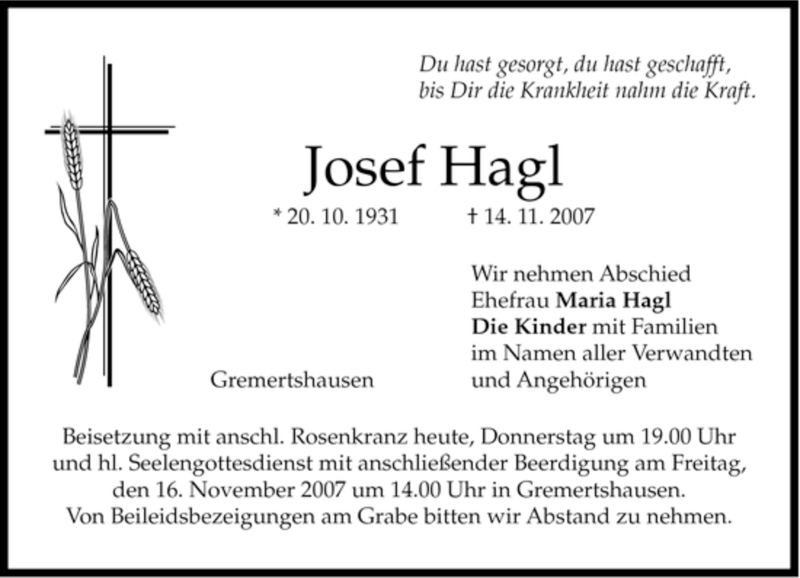  Traueranzeige für Josef Hagl vom 15.11.2007 aus MERKUR & TZ