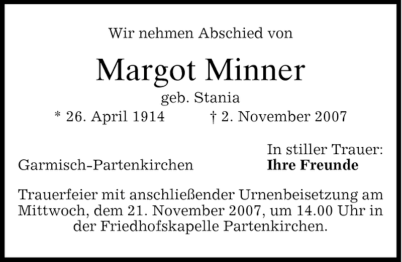  Traueranzeige für Margot Minner vom 19.11.2007 aus MERKUR & TZ