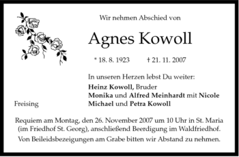 Traueranzeige von Agnes Kowoll von MERKUR & TZ