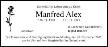 Traueranzeige von Manfred Alex von MERKUR & TZ