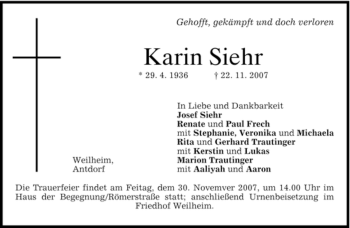 Traueranzeige von Karin Siehr von MERKUR & TZ