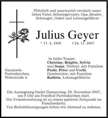 Traueranzeige von Julius Geyer von MERKUR & TZ