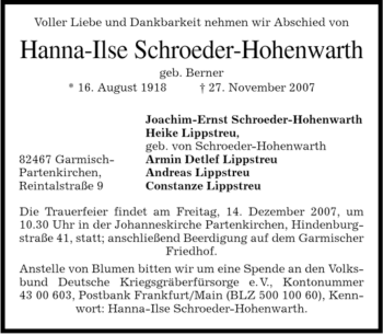 Traueranzeige von Hanna-Ilse Schroeder-Hohenwarth von MERKUR & TZ