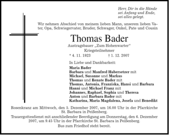 Traueranzeige von Thomas Bader von MERKUR & TZ