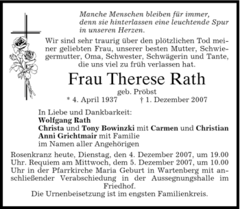 Traueranzeige von Therese Rath von MERKUR & TZ
