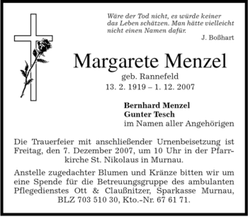 Traueranzeige von Margarete Menzel von MERKUR & TZ