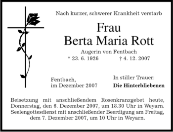 Traueranzeige von Berta Maria Rott von MERKUR & TZ