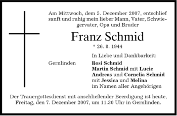 Traueranzeige von Franz Schmid von MERKUR & TZ