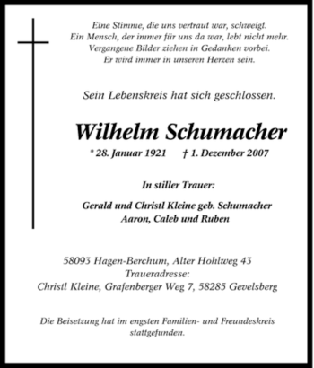 Traueranzeige von Wilhelm Schumacher von MERKUR & TZ