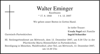 Traueranzeige von Walter Eminger von MERKUR & TZ