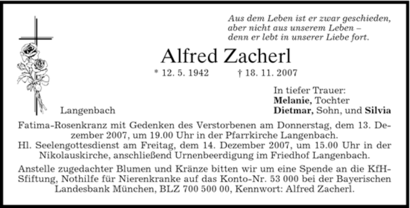  Traueranzeige für Alfred Zacherl vom 10.12.2007 aus MERKUR & TZ