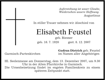 Traueranzeige von Elisabeth Feustel von MERKUR & TZ