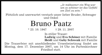 Traueranzeige von Bruno Paatz von MERKUR & TZ