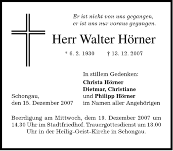 Traueranzeige von Walter Hörner von MERKUR & TZ