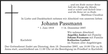 Traueranzeige von Johann Passmann von HOLZKIRCHENER MERKUR