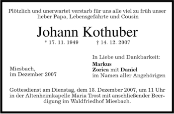 Traueranzeige von Johann Kothuber von MERKUR & TZ