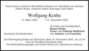 Traueranzeige von Wolfgang Kothe von MERKUR & TZ